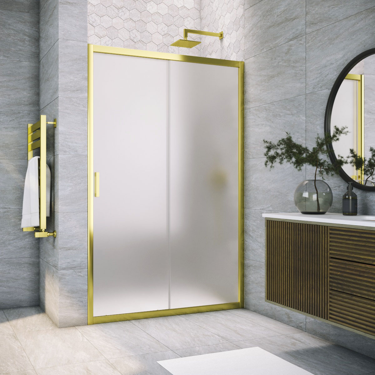 Душевая дверь в нишу Vegas Glass ZP TUR NOVO 165 09 10, профиль золото глянцевое, стекло сатин