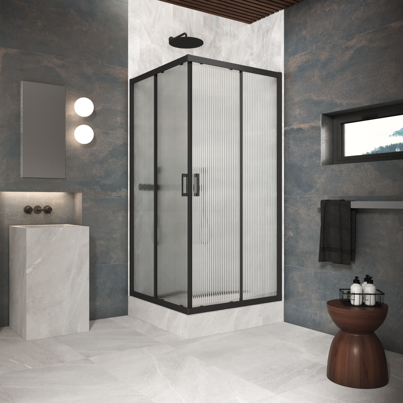 Душевой уголок Vegas Glass ZA Protec h1900 90 02М Moru, профиль черный матовый, стекло Moru