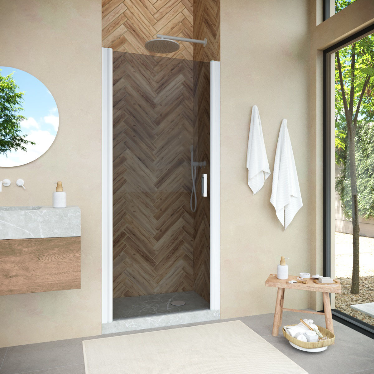 Душевая дверь в нишу Vegas Glass  EP NOVO h2000 85 01 07, профиль белый, стекло графит