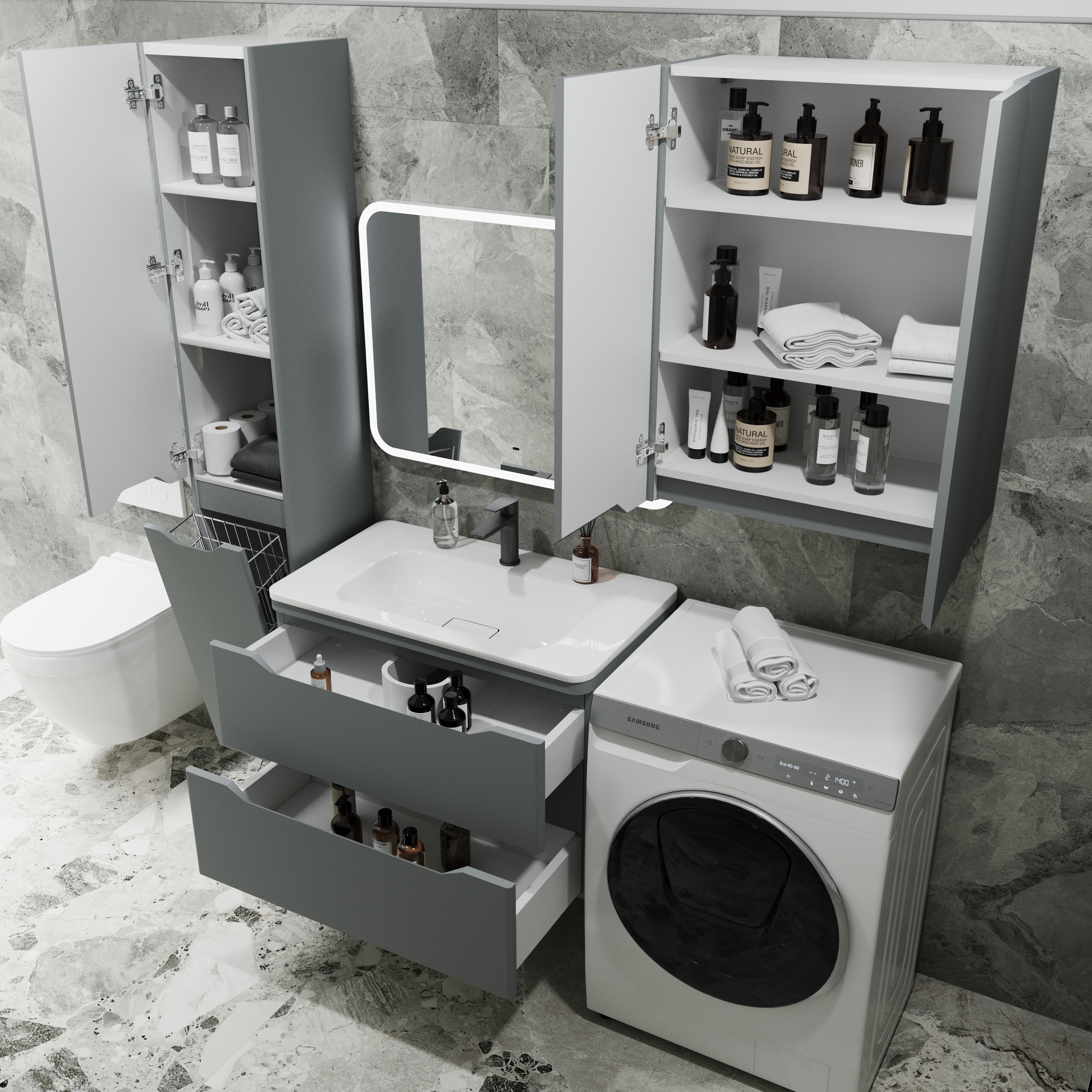 Тумба с раковиной Style Line Марелла 80 2 ящика Люкс антискрейтч серая, Plus подвесная