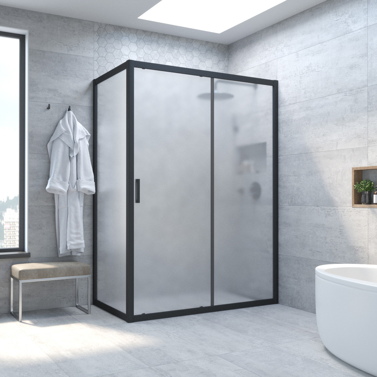 Душевой уголок Vegas Glass ZP+ZPV NOVO 100*95 02М 10, профиль черный матовый, стекло сатин