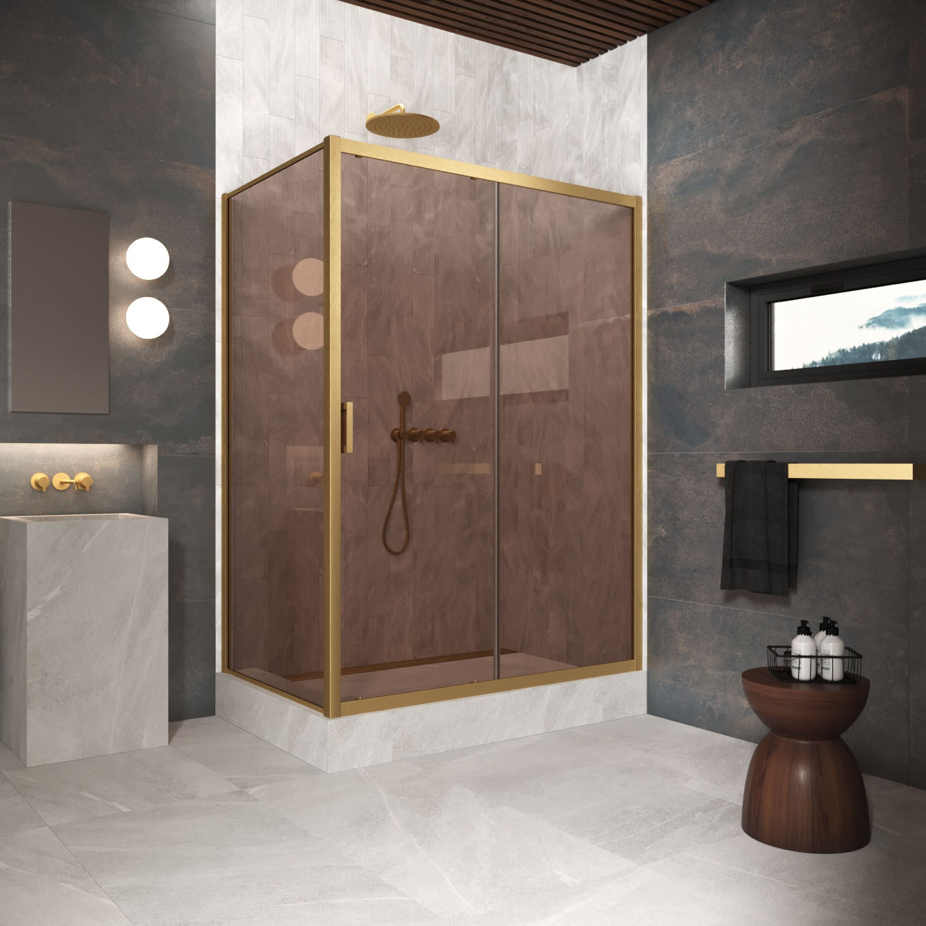 Душевой уголок Vegas Glass ZP+ZPV Protec 130*70 03 05, профиль золото матовое, стекло бронза