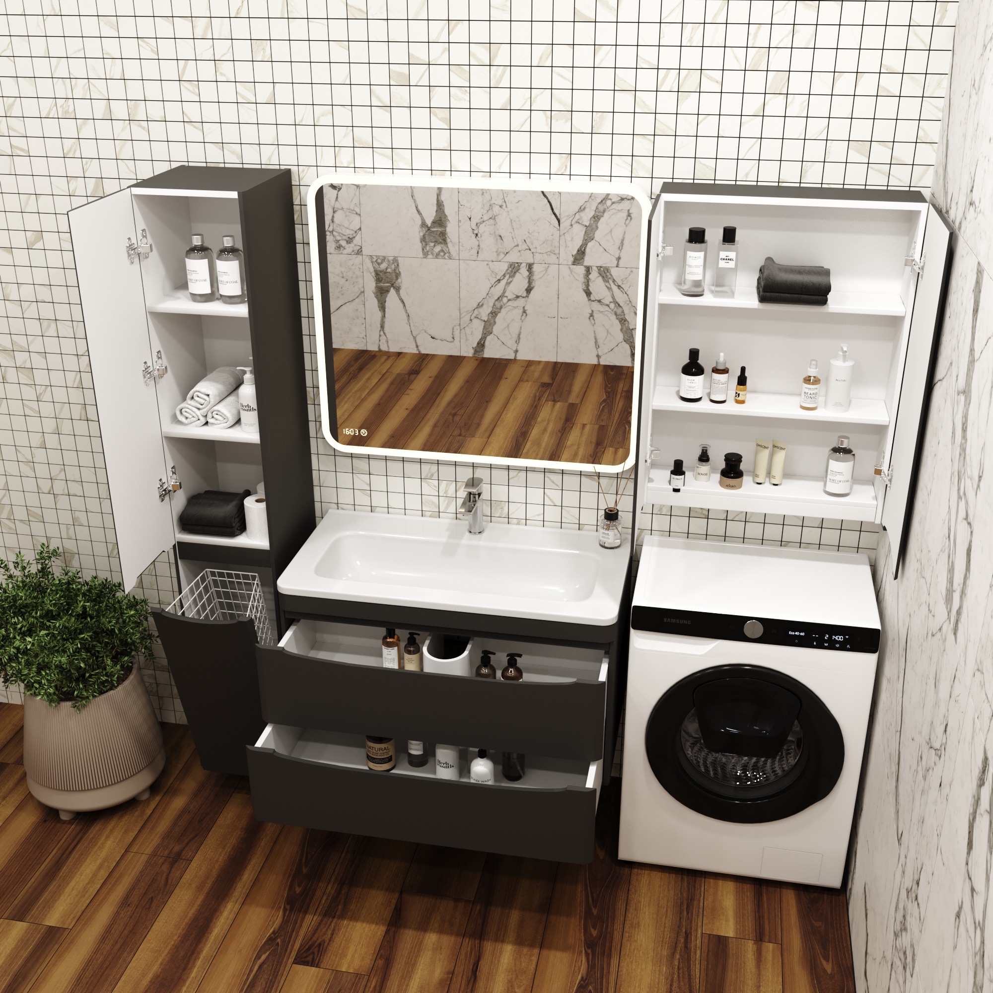 Тумба с раковиной Style Line Бергамо мини 90 2 ящика Люкс антискрейтч черная, Plus подвесная