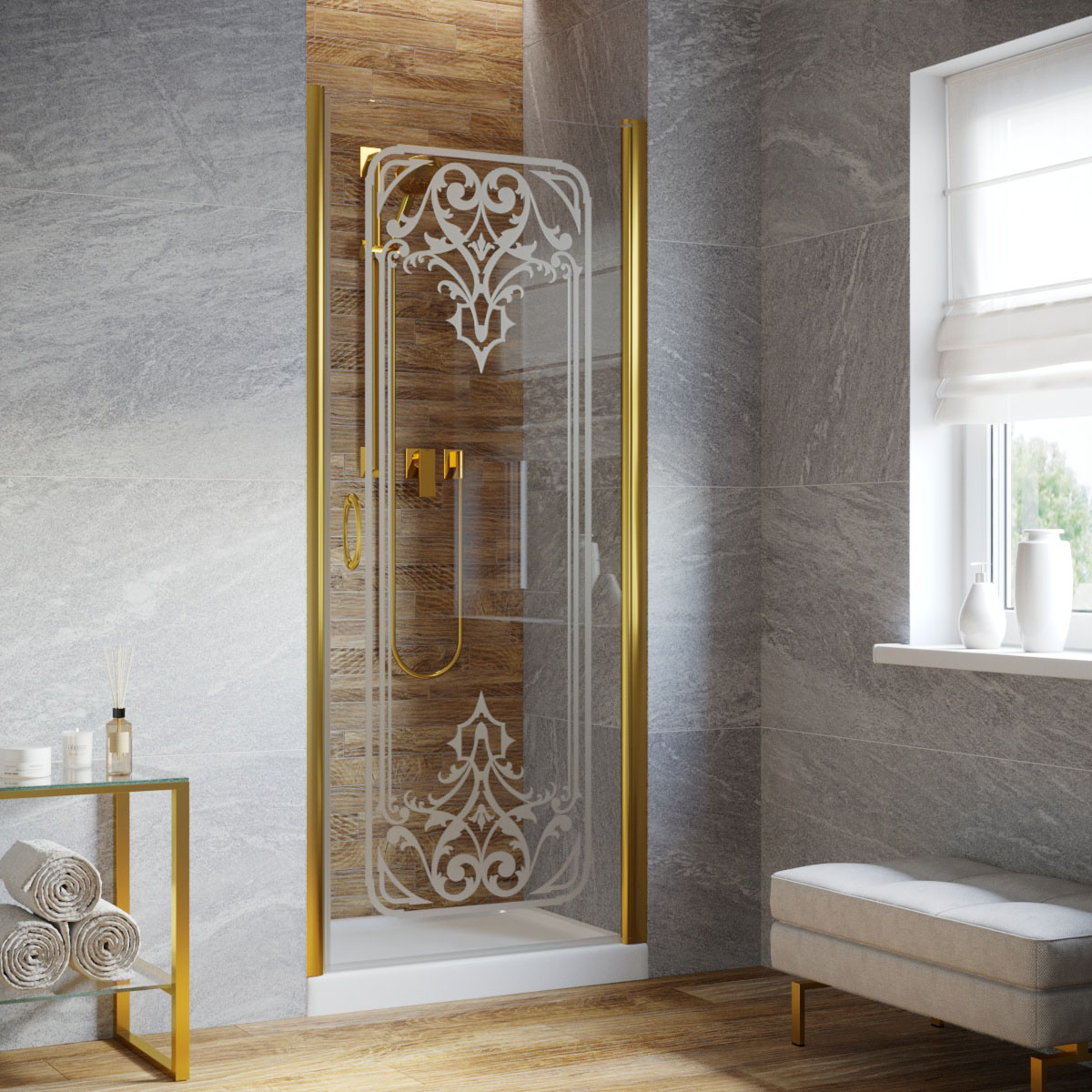 Душевая дверь в нишу Vegas Glass EP LUX 95 09 ARTDECO D1 R, профиль золото глянцевое, стекло прозрачное, рисунок сатин