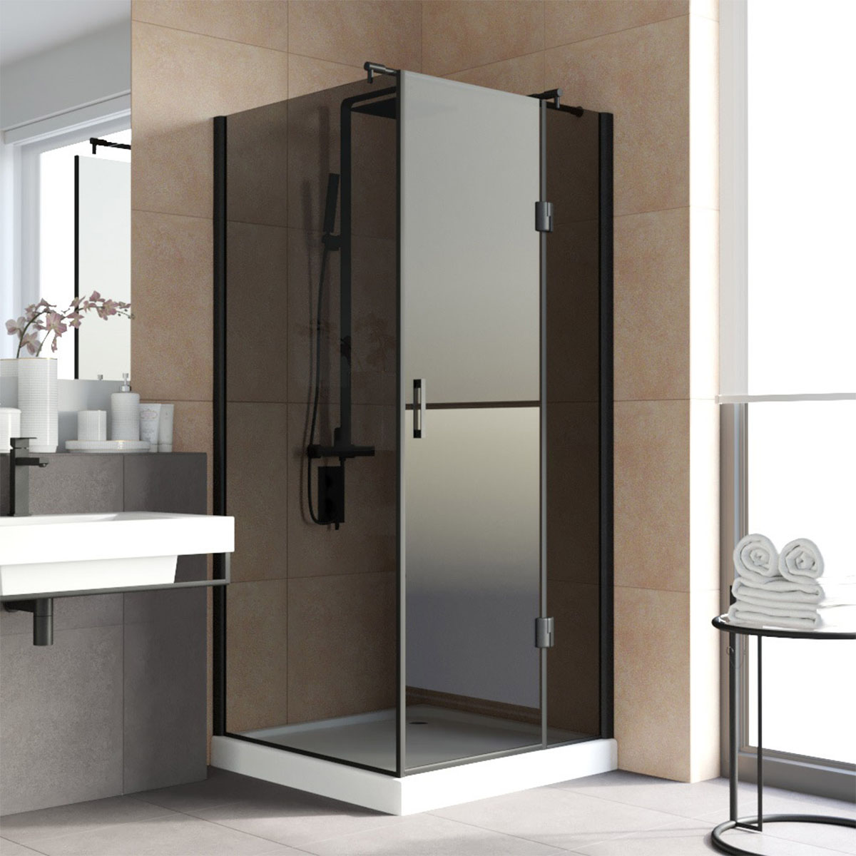 Душевой уголок Vegas Glass AFP-Fis LUX 110*80 02М 07 R, профиль черный матовый, стекло графит