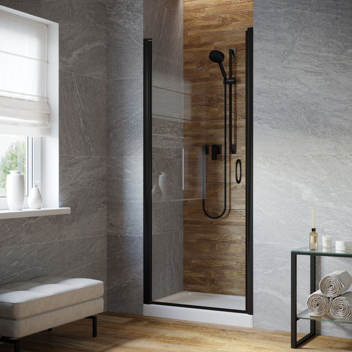 Душевая дверь в нишу Vegas Glass EP LUX 90 02М crystalvision L, профиль черный матовый, стекло crystalvision