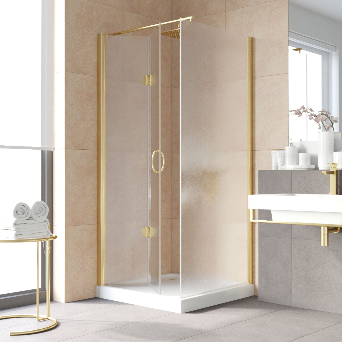Душевой уголок Vegas Glass GPS-Fis LUX 90*120 09 02 L, профиль золото глянцевое, стекло шиншилла