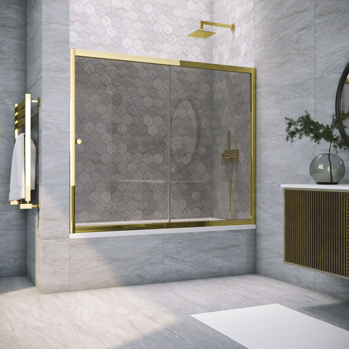 Шторка на ванну Vegas Glass ZV TUR NOVO 190 09 07, профиль золото глянцевое, стекло графит