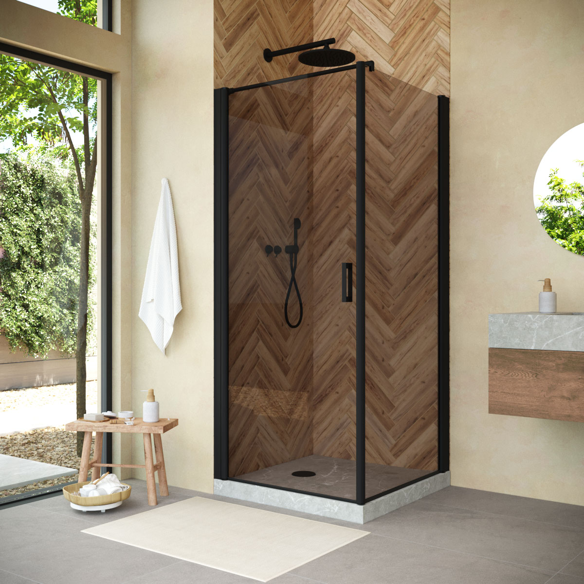 Душевой уголок Vegas Glass EP-FIS NOVO h2000 90*110 02М 05 L, профиль черный матовый, стекло бронза