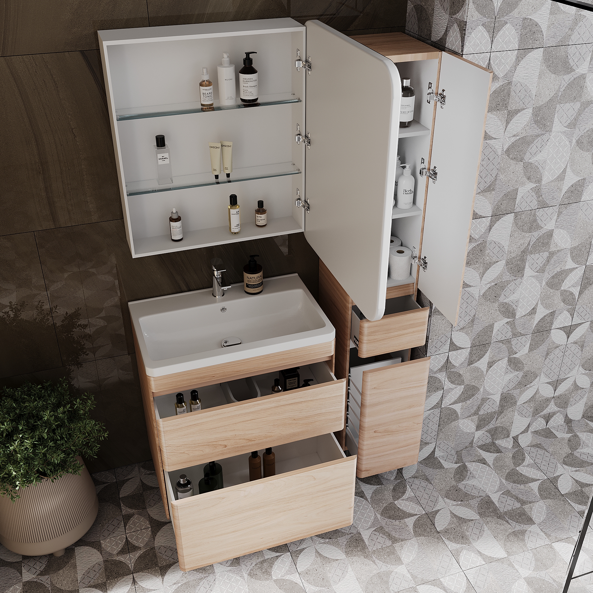 Тумба с раковиной Style Line Атлантика 70 Люкс ясень перламутр, Plus напольная