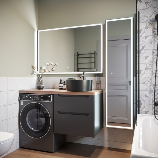 Мебель для ванной Stworki Берген 60 серая с темной столешницей 122, раковина Rotenburg 40 черная, L