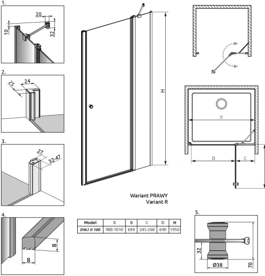 Душевая дверь в нишу Radaway EOS II DWJ 13799442-01R 100 R