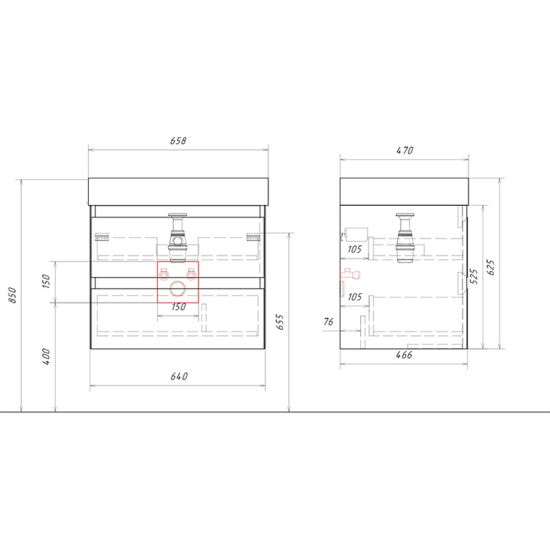 Тумба с раковиной Aqwella 5 stars Geometria 65 подвесная, 2 ящика, морская дюна