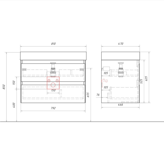 Тумба с раковиной Aqwella 5 stars Geometria 80 подвесная, 2 ящика, серая