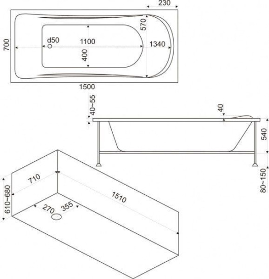 Акриловая ванна Bas Верона 150 см с г/м