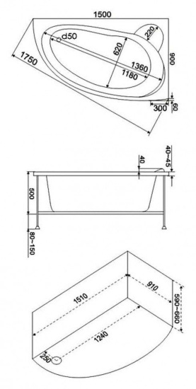 Акриловая ванна Bas Вектра 150 см R с г/м