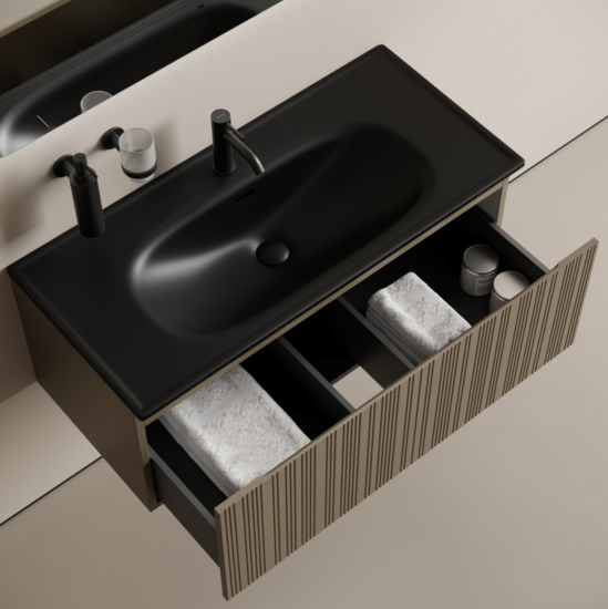 Тумба с раковиной Sancos Code 100 подвесная, серо-бежевая, раковина черная