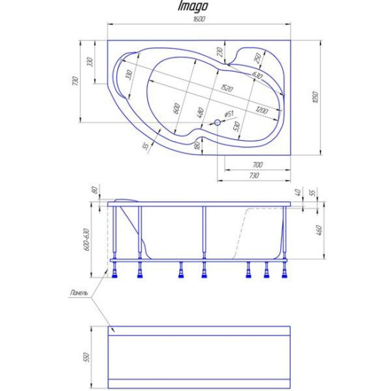 Акриловая ванна 1MarKa Imago R/L 160 см