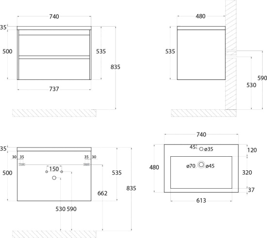 Тумба с раковиной Art&Max Family 75 подвесная, Bianco Lucido
