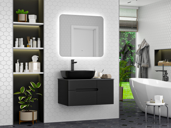 Тумба с раковиной Misty Роял 80 черная подвесная, со столешницей