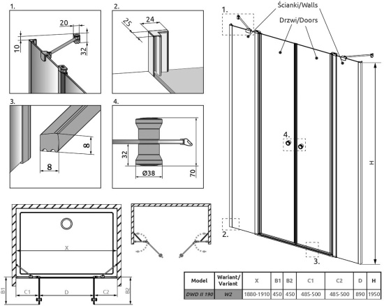 Душевая дверь в нишу Radaway EOS DWD II 190 W2