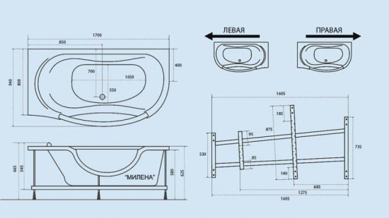 Акриловая ванна Triton Милена L с цветным стеклом 170х96 с гидромассажем