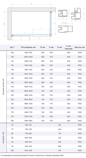 Душевой уголок Vegas Glass ZP+ZPV Protec h1900 105*95 03 10, профиль золото матовое, стекло сатин