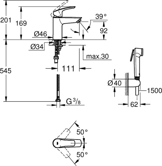 Смеситель для раковины Grohe Eurosmart 23124003 с гигиеническим душем