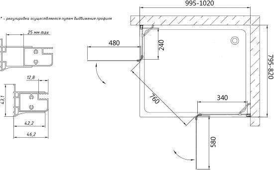 Душевой уголок Vegas Glass AFA-F 100*80 09 01 R профиль золото, стекло прозрачное