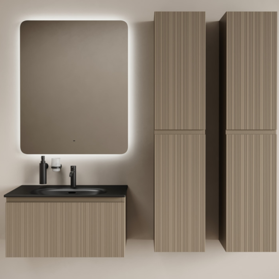 Тумба с раковиной Sancos Code 80 подвесная, серо-бежевая, раковина черная