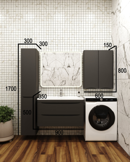 Тумба с раковиной Style Line Бергамо мини 90 2 ящика Люкс антискрейтч черная, Plus подвесная