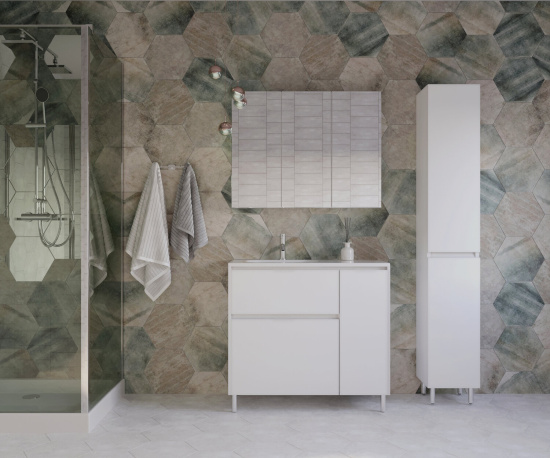 Тумба с раковиной Style Line Барселона 90 L 2 ящика с выкатной корзиной, Люкс белая, Plus