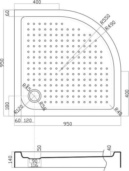 Поддон для душа Cezares Tray R550, радиальный 95, акриловый