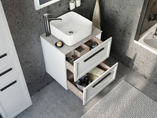 Тумба с раковиной Stworki Эстерсунд 60 белая матовая, простоун беж с отверстием под смеситель в столешнице