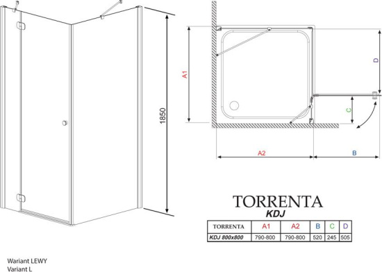 Душевой уголок Radaway Torrenta KDJ 80 прозрачное стекло L