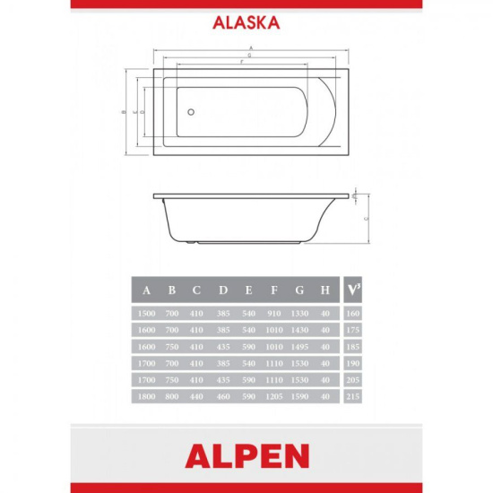Акриловая ванна Alpen Alaska 180x80 см