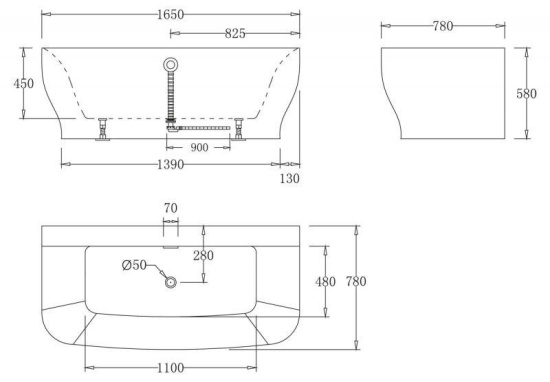 Акриловая ванна Belbagno BB74-1650 165 см