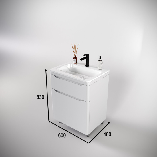 Тумба с раковиной Style Line Марелла 60 2 ящика Люкс антискрейтч белая матовый, Plus напольная