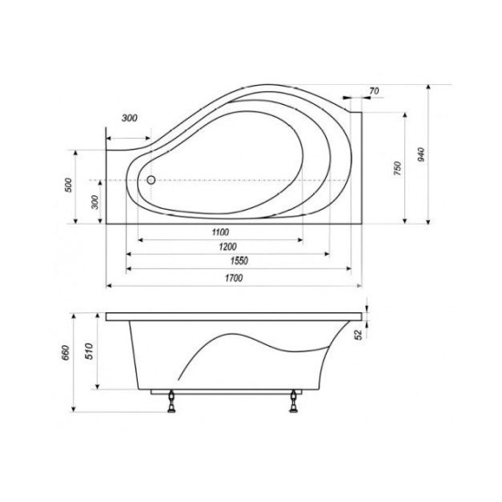 Ванна из искусственного камня Эстет Грация R 170x95 с ножками