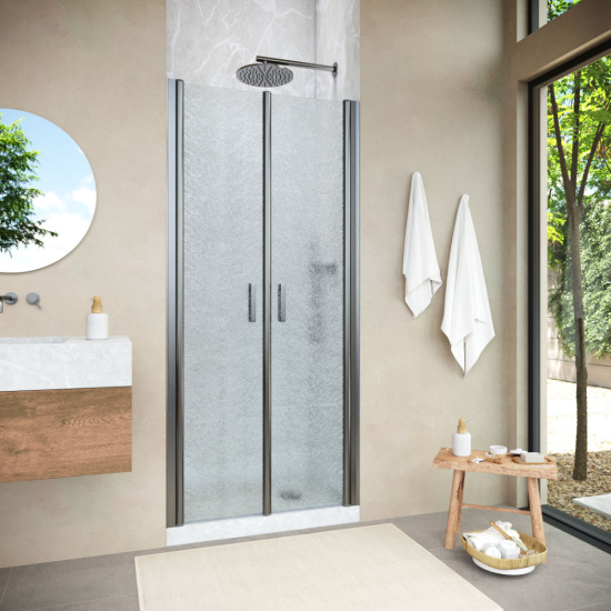 Душевая дверь в нишу Vegas Glass E2P NOVO h2000 75 11 02, профиль оружейная сталь, стекло шиншилла