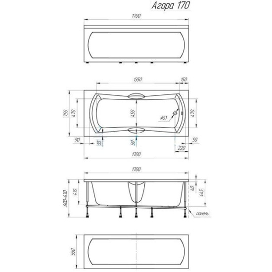 Акриловая ванна 1MarKa Agora 170x75 см