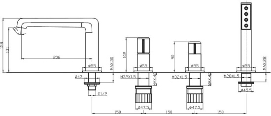 Смеситель на борт ванны BelBagno Uno UNO-BVD4-CRM