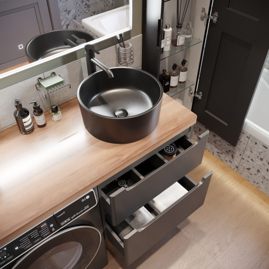 Мебель для ванной Stworki Берген 60 серая с темной столешницей 122, раковина Rotenburg 40 черная, L