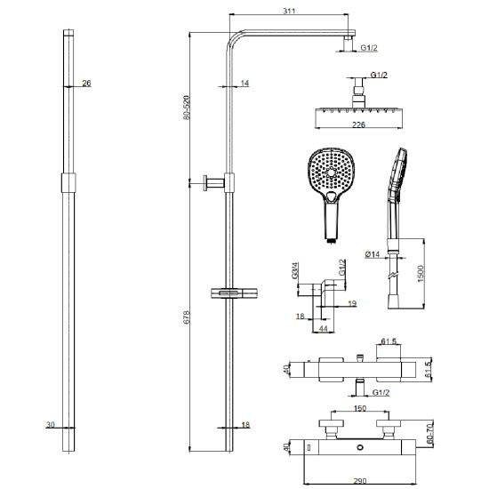 Душевая стойка AQUAme Siena AQM8007CR с термостатом
