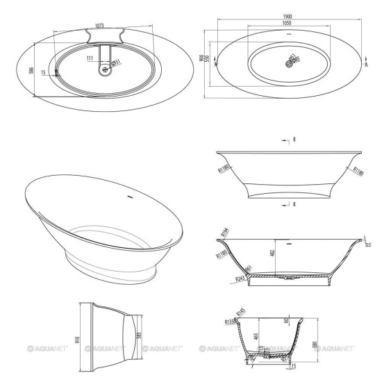 Ванна из искусственного камня Aquanet Entice V1 190x90 см. матовая