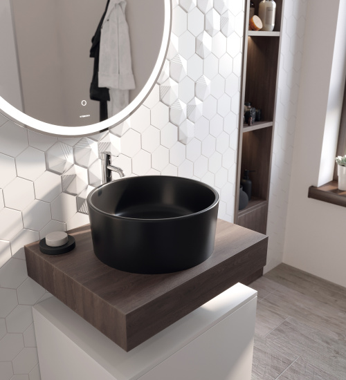 Столешница Stworki Ольборг 60 дуб карпентер, без отверстий, с тумбой 60, с раковиной Stworki Rotenburg 40 черной