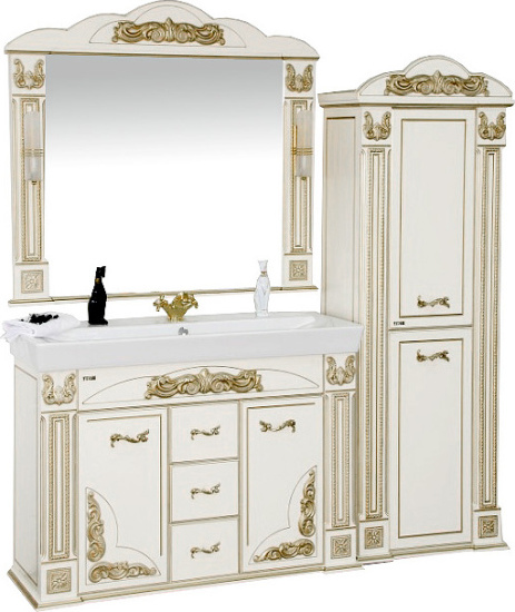 Тумба с раковиной Misty Барокко 120 3 ящика белая, патина