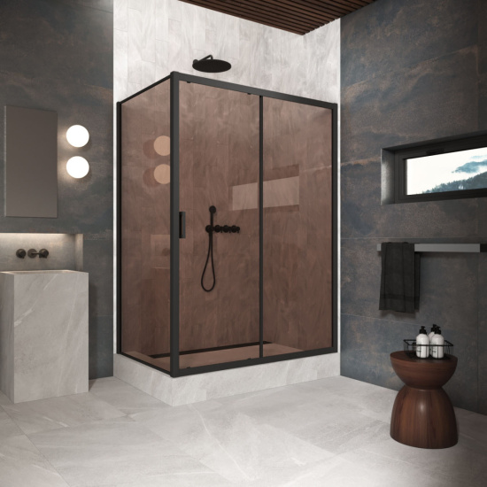 Душевой уголок Vegas Glass ZP+ZPV Protec 115*80 02М 05, профиль черный матовый, стекло бронза