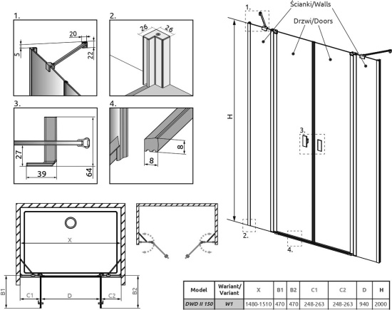 Душевая дверь в нишу Radaway Nes DWD II 10037093-01-01 + 10041057-01-01 150 см