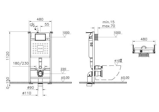 Инсталляция Vitra Integra 9856B003-7207 Square подвесной унитаз + кнопка
